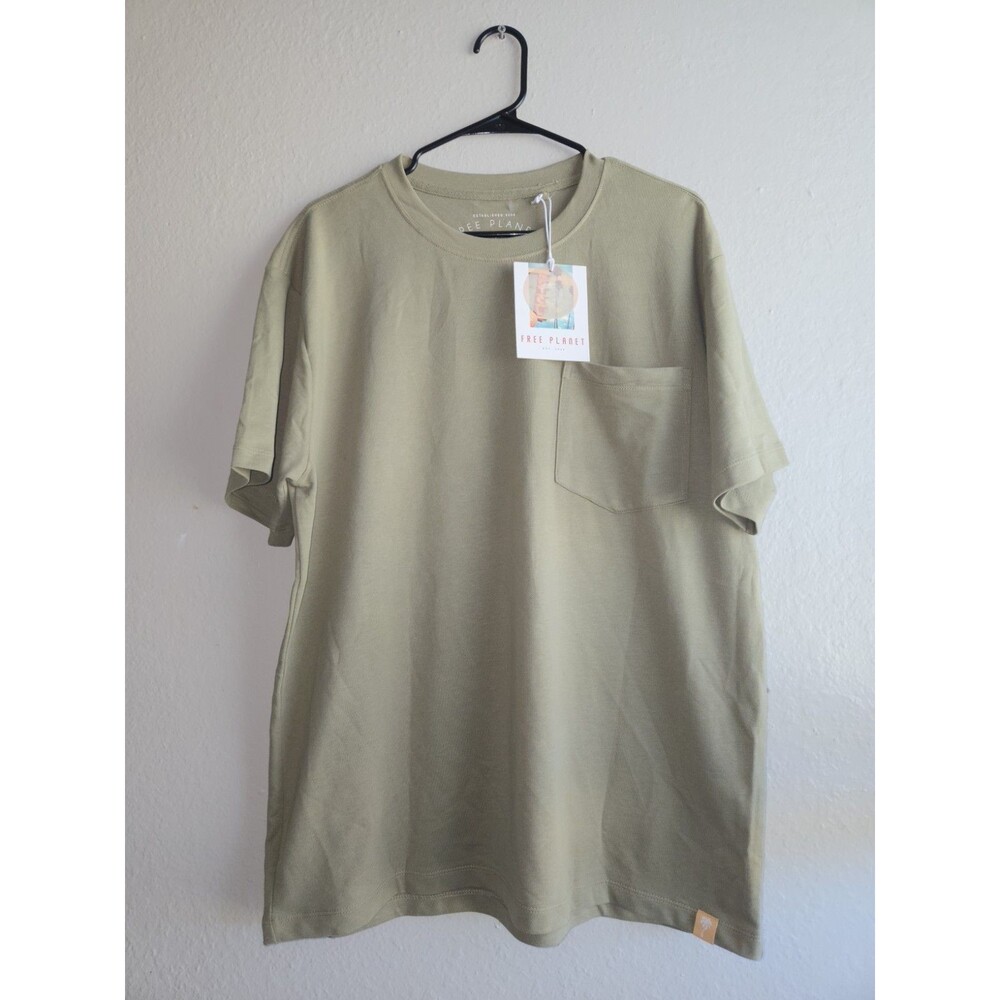 NWT Free Planet Mens T-Shirt Size L Green Pocket Crew Neck 100% Cotton Casual